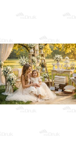 Tło fotograficzne „Romantyczny plener ślubny – białe kwiaty i rustykalne dekoracje” | 4120